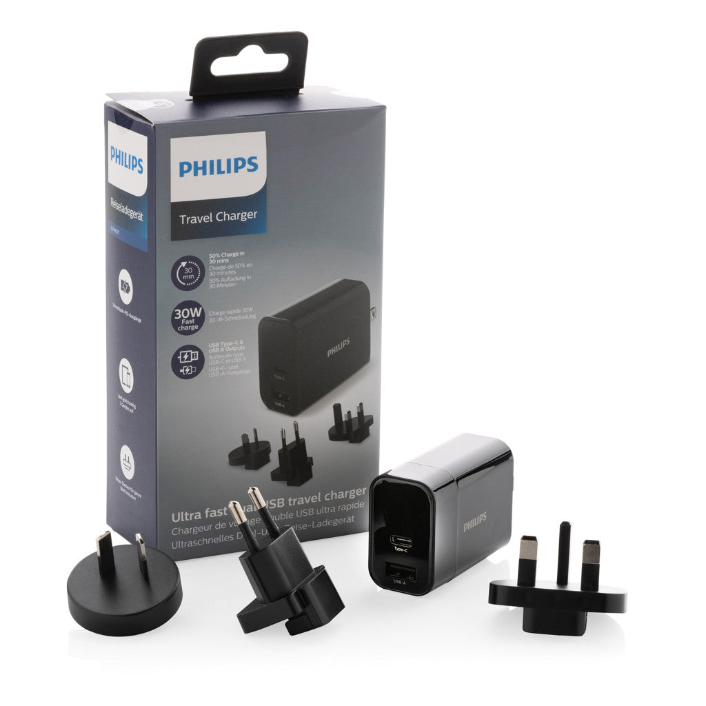Adaptador de viaje y cargador rápido Philips DLP2621T04 con USB-A y USB-C