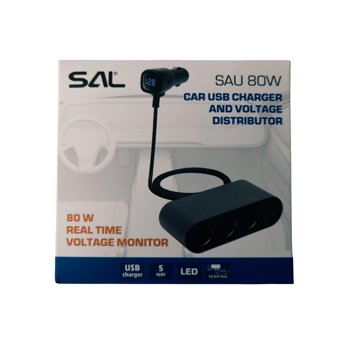 Multiprise allume-cigare avec voltmètre intégré (3 prises + 2 USB) – 80W