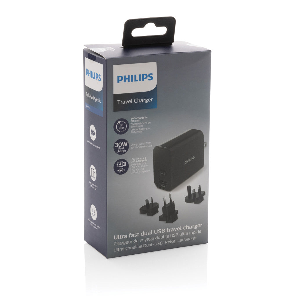 Adaptador de viaje y cargador rápido Philips DLP2621T04 con USB-A y USB-C