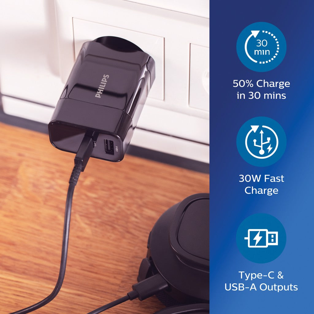 Adaptador de viaje y cargador rápido Philips DLP2621T04 con USB-A y USB-C