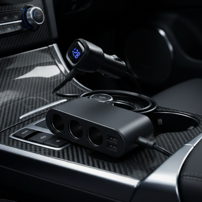 Multiprise allume-cigare avec voltmètre intégré (3 prises + 2 USB) – 80W