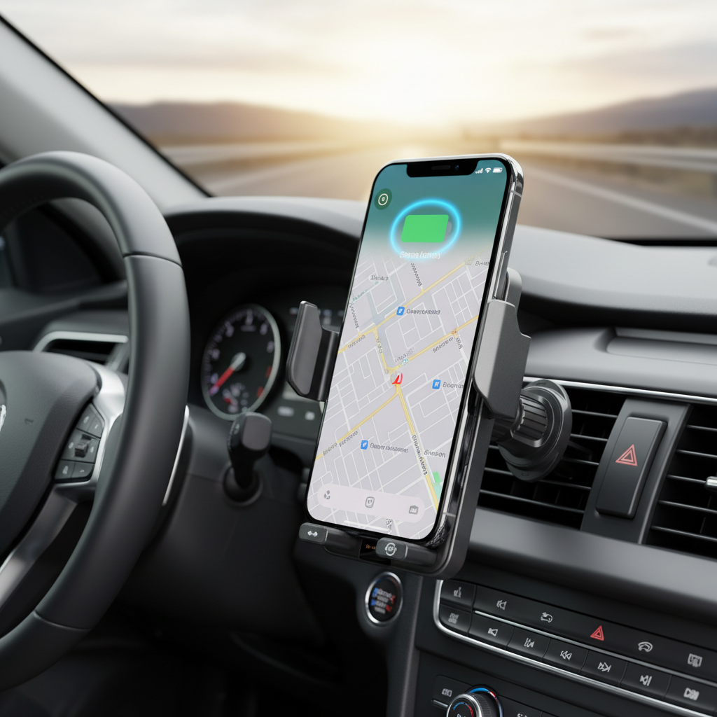 Suporte Veicular para Telemóvel com Carregamento Sem Fios Qi e Fixação na Grelha de Ventilação – Rotação 90°