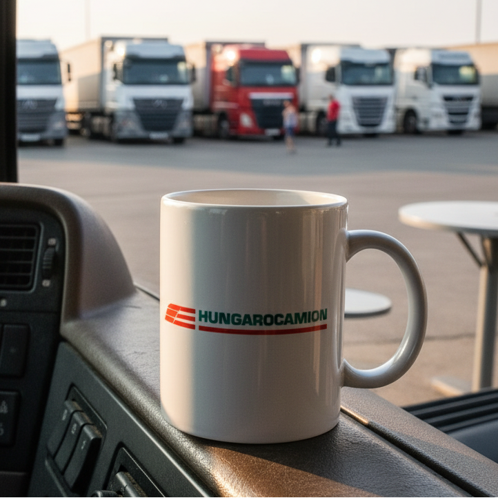 Tazza bianca Hungarocamion con logo - 330 ml